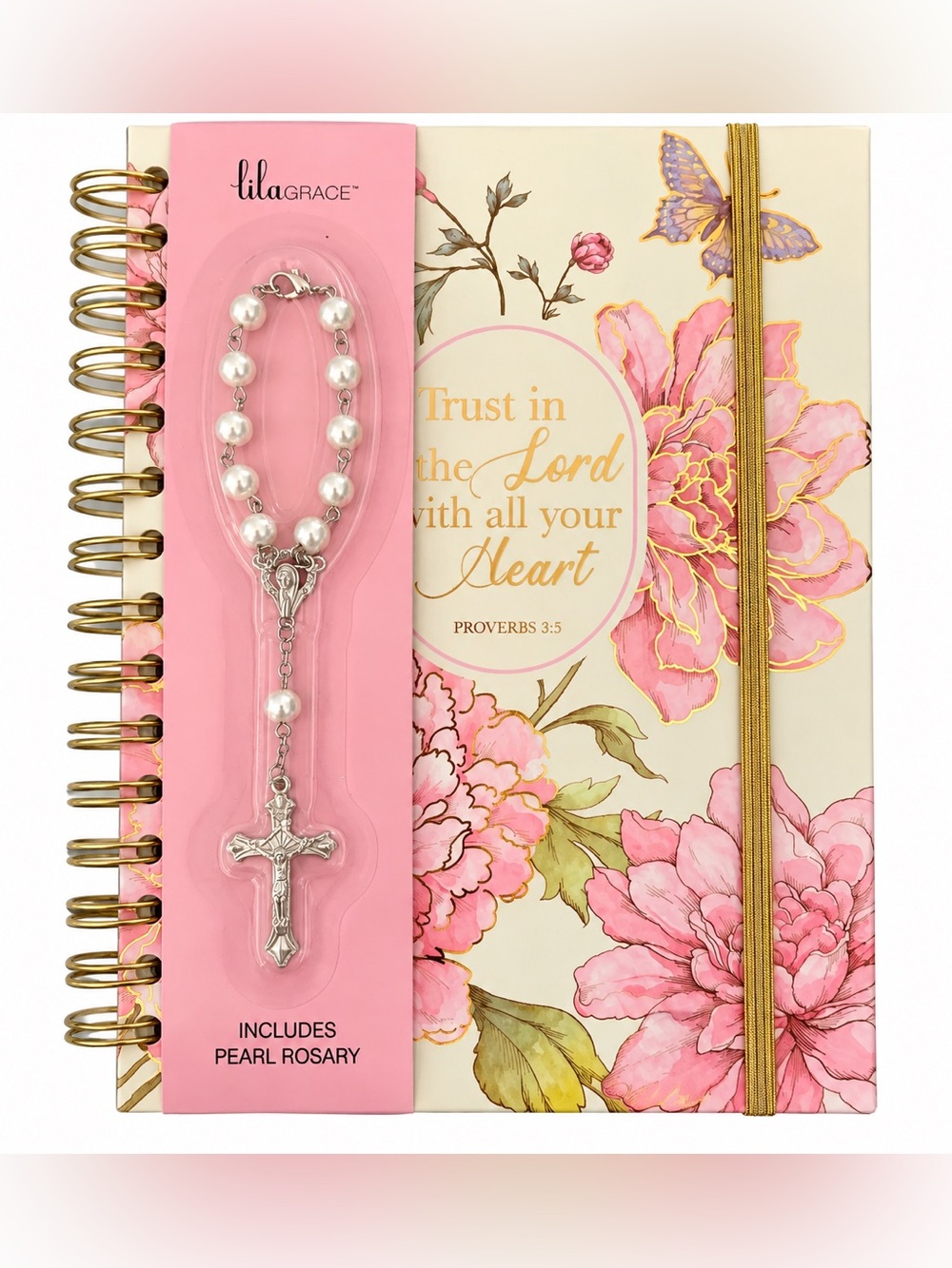 Lila Grace Floral Christian Journal w/ Pearl Rosary Proverbs 3:5 NEW